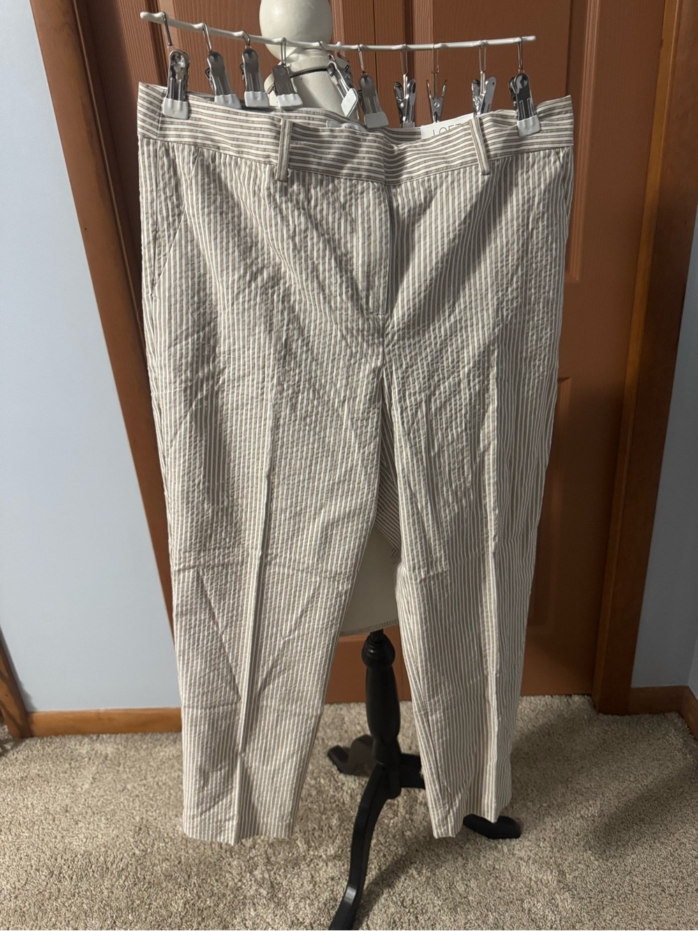 LOFT Beige and White Striped Seersucker Cropped Ankle Pants